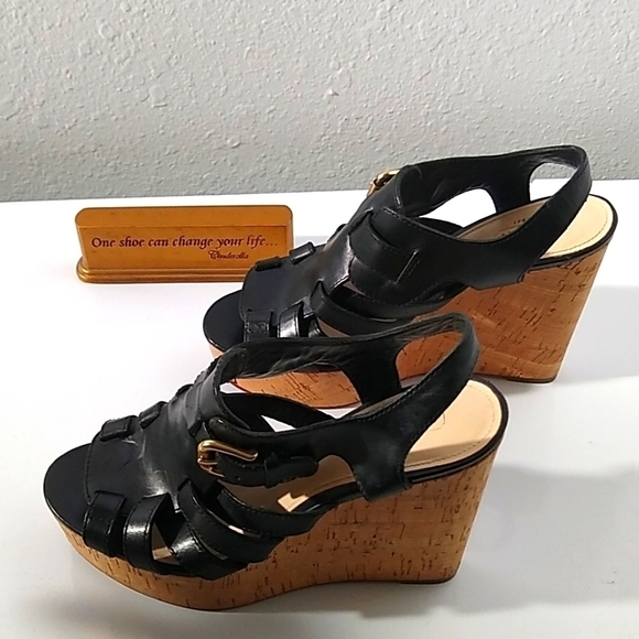 Coach Charlie Wedge Sandals Black Cork Heels 8 B - Picture 1 of 6